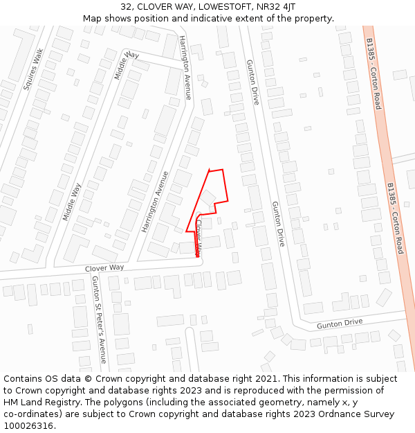 32, CLOVER WAY, LOWESTOFT, NR32 4JT: Location map and indicative extent of plot