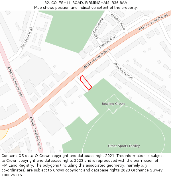 32, COLESHILL ROAD, BIRMINGHAM, B36 8AA: Location map and indicative extent of plot