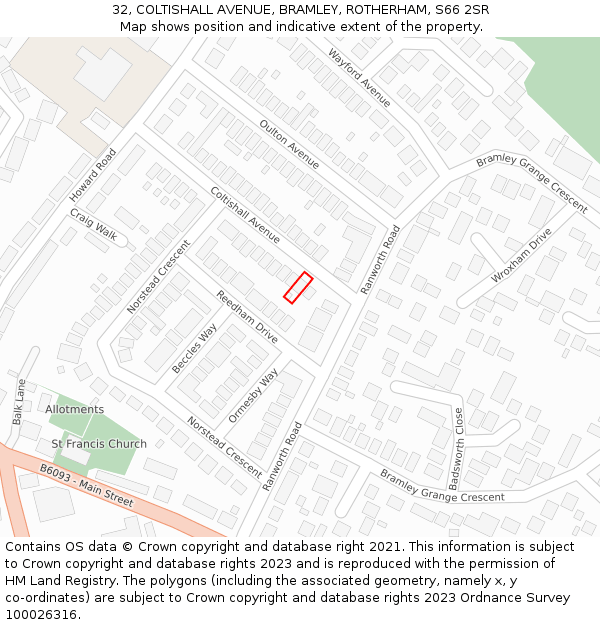 32, COLTISHALL AVENUE, BRAMLEY, ROTHERHAM, S66 2SR: Location map and indicative extent of plot