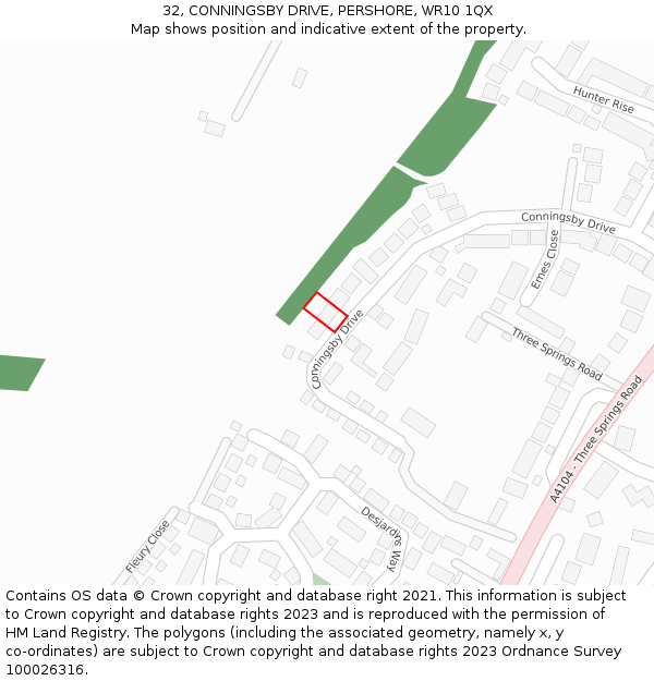 32, CONNINGSBY DRIVE, PERSHORE, WR10 1QX: Location map and indicative extent of plot