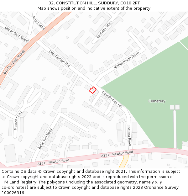 32, CONSTITUTION HILL, SUDBURY, CO10 2PT: Location map and indicative extent of plot
