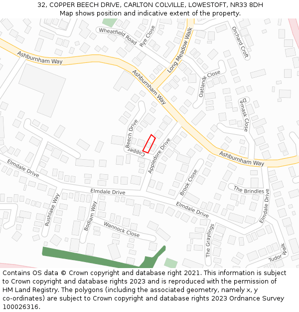 32, COPPER BEECH DRIVE, CARLTON COLVILLE, LOWESTOFT, NR33 8DH: Location map and indicative extent of plot