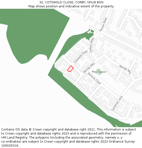 32, COTSWOLD CLOSE, CORBY, NN18 8GN: Location map and indicative extent of plot