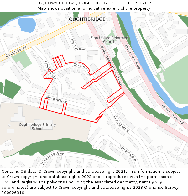 32, COWARD DRIVE, OUGHTIBRIDGE, SHEFFIELD, S35 0JP: Location map and indicative extent of plot