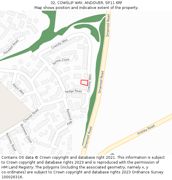 32, COWSLIP WAY, ANDOVER, SP11 6RF: Location map and indicative extent of plot
