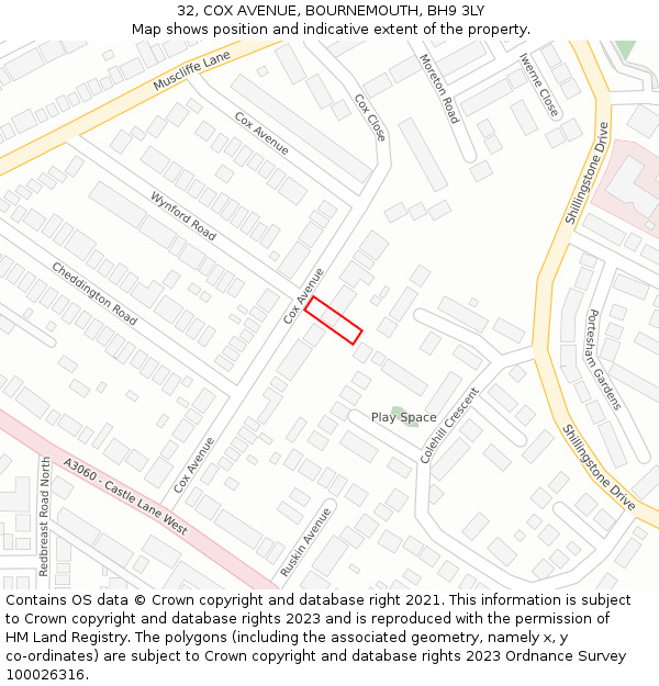 32, COX AVENUE, BOURNEMOUTH, BH9 3LY: Location map and indicative extent of plot