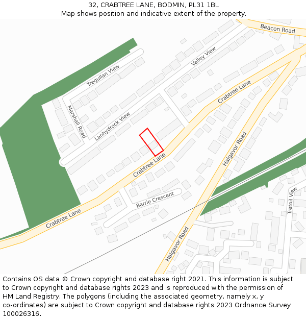 32, CRABTREE LANE, BODMIN, PL31 1BL: Location map and indicative extent of plot