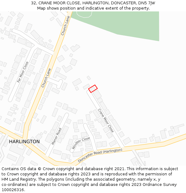 32, CRANE MOOR CLOSE, HARLINGTON, DONCASTER, DN5 7JW: Location map and indicative extent of plot