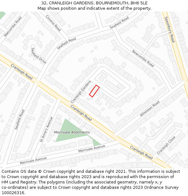 32, CRANLEIGH GARDENS, BOURNEMOUTH, BH6 5LE: Location map and indicative extent of plot