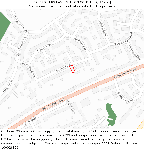 32, CROFTERS LANE, SUTTON COLDFIELD, B75 5UJ: Location map and indicative extent of plot