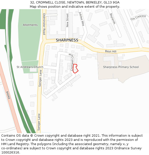 32, CROMWELL CLOSE, NEWTOWN, BERKELEY, GL13 9GA: Location map and indicative extent of plot