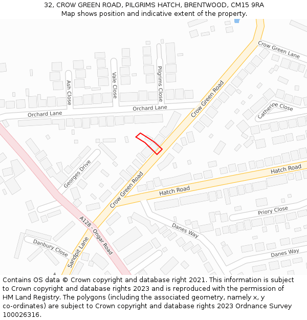 32, CROW GREEN ROAD, PILGRIMS HATCH, BRENTWOOD, CM15 9RA: Location map and indicative extent of plot