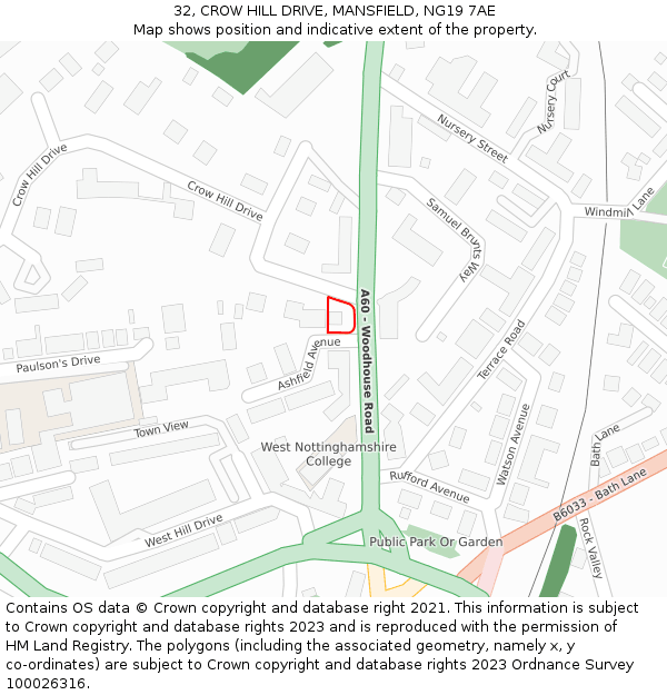 32, CROW HILL DRIVE, MANSFIELD, NG19 7AE: Location map and indicative extent of plot