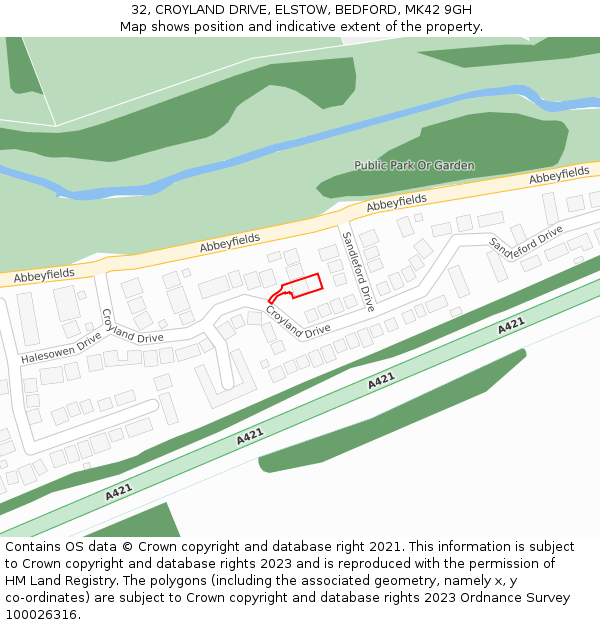 32, CROYLAND DRIVE, ELSTOW, BEDFORD, MK42 9GH: Location map and indicative extent of plot