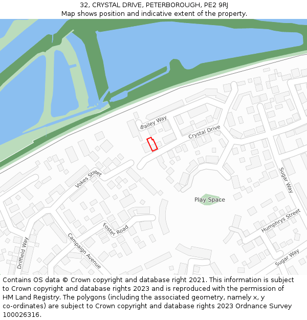 32, CRYSTAL DRIVE, PETERBOROUGH, PE2 9RJ: Location map and indicative extent of plot