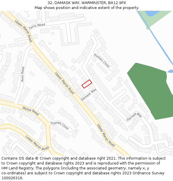 32, DAMASK WAY, WARMINSTER, BA12 9PX: Location map and indicative extent of plot