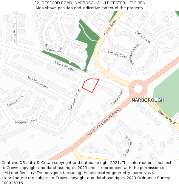 32, DESFORD ROAD, NARBOROUGH, LEICESTER, LE19 3EN: Location map and indicative extent of plot