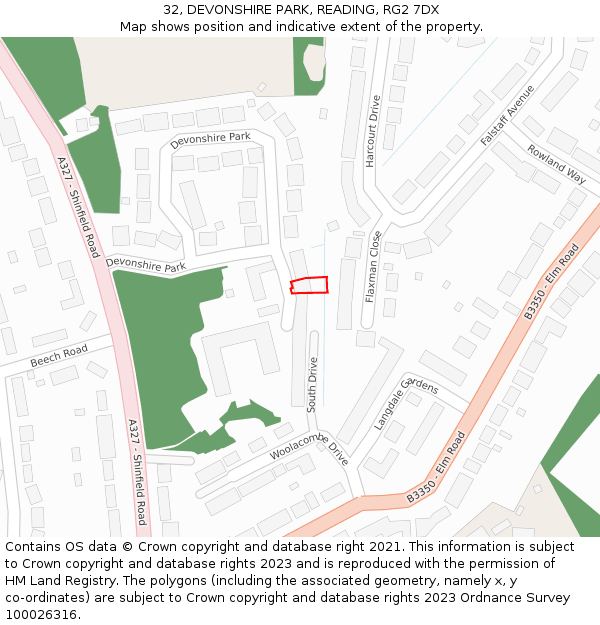 32, DEVONSHIRE PARK, READING, RG2 7DX: Location map and indicative extent of plot