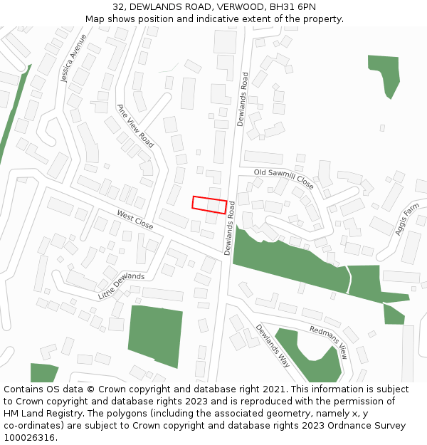 32, DEWLANDS ROAD, VERWOOD, BH31 6PN: Location map and indicative extent of plot