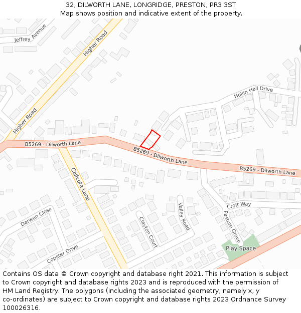 32, DILWORTH LANE, LONGRIDGE, PRESTON, PR3 3ST: Location map and indicative extent of plot