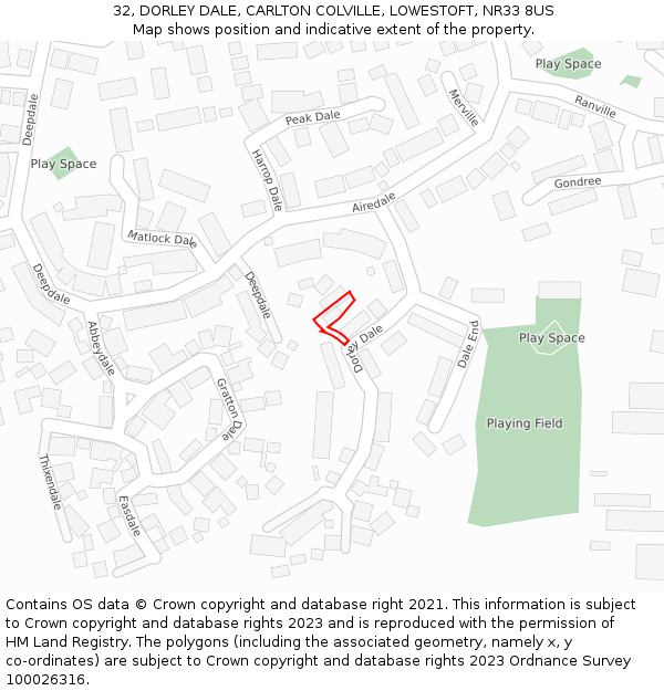 32, DORLEY DALE, CARLTON COLVILLE, LOWESTOFT, NR33 8US: Location map and indicative extent of plot