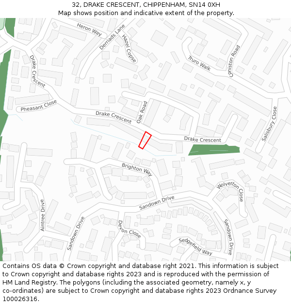 32, DRAKE CRESCENT, CHIPPENHAM, SN14 0XH: Location map and indicative extent of plot