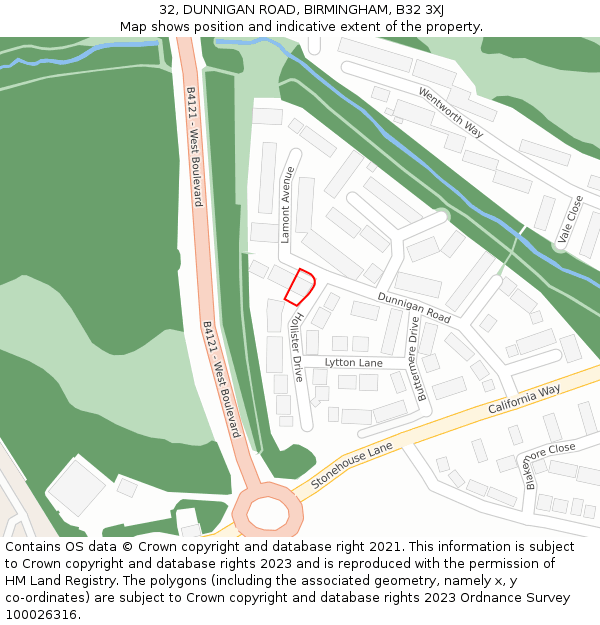 32, DUNNIGAN ROAD, BIRMINGHAM, B32 3XJ: Location map and indicative extent of plot