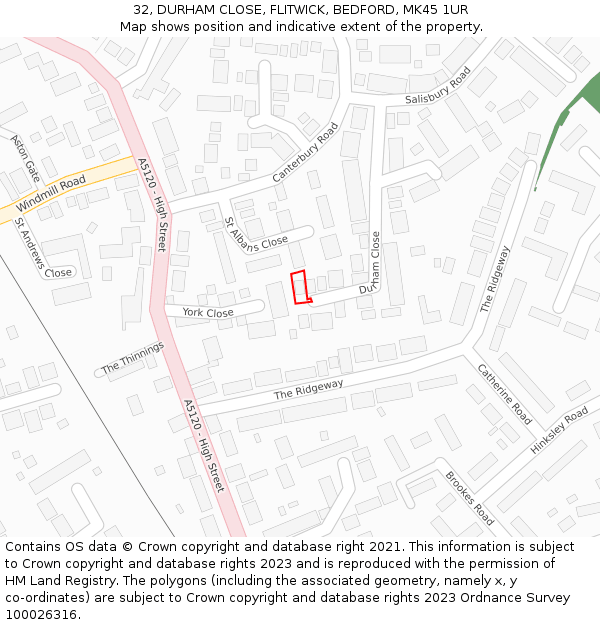 32, DURHAM CLOSE, FLITWICK, BEDFORD, MK45 1UR: Location map and indicative extent of plot