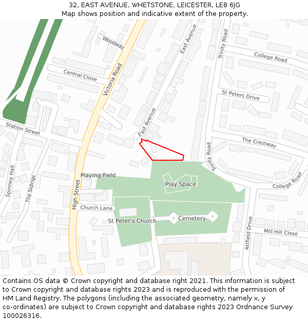 32, EAST AVENUE, WHETSTONE, LEICESTER, LE8 6JG: Location map and indicative extent of plot