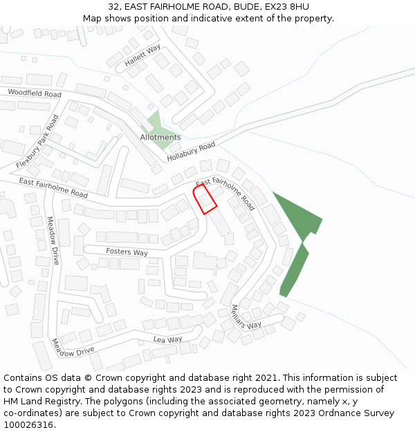 32, EAST FAIRHOLME ROAD, BUDE, EX23 8HU: Location map and indicative extent of plot