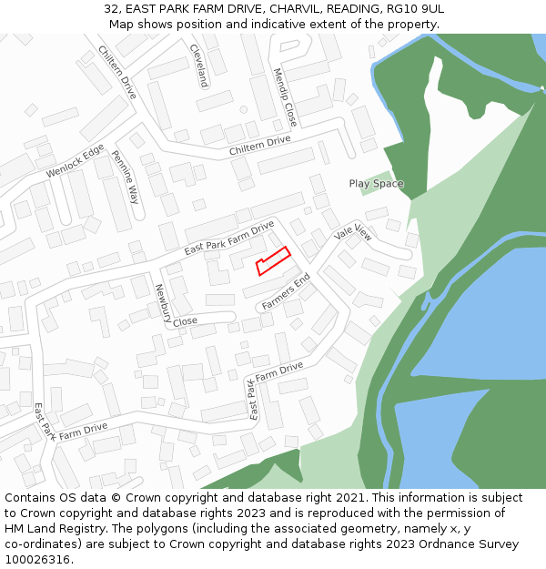 32, EAST PARK FARM DRIVE, CHARVIL, READING, RG10 9UL: Location map and indicative extent of plot