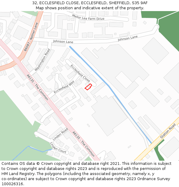 32, ECCLESFIELD CLOSE, ECCLESFIELD, SHEFFIELD, S35 9AF: Location map and indicative extent of plot
