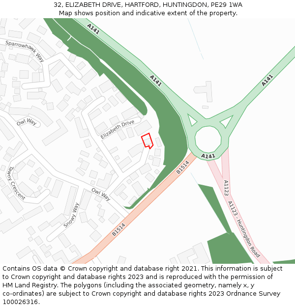 32, ELIZABETH DRIVE, HARTFORD, HUNTINGDON, PE29 1WA: Location map and indicative extent of plot