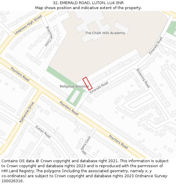 32, EMERALD ROAD, LUTON, LU4 0NR: Location map and indicative extent of plot
