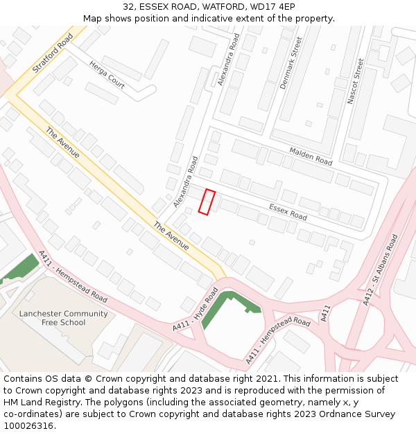 32, ESSEX ROAD, WATFORD, WD17 4EP: Location map and indicative extent of plot