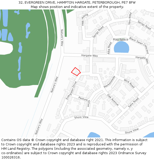 32, EVERGREEN DRIVE, HAMPTON HARGATE, PETERBOROUGH, PE7 8FW: Location map and indicative extent of plot
