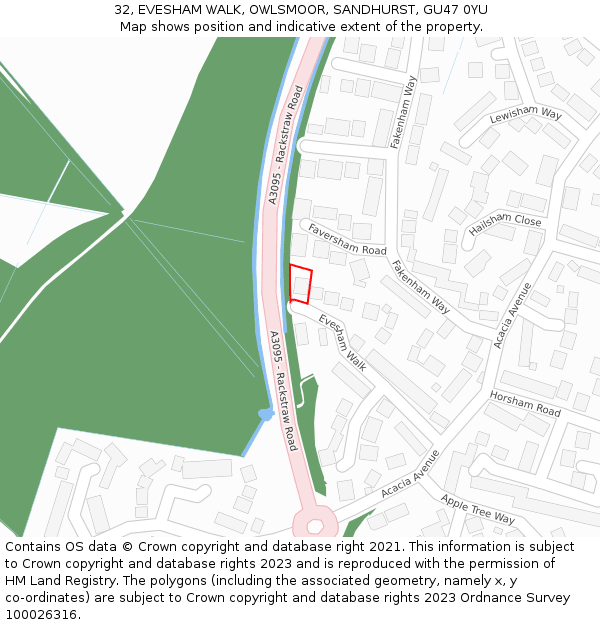32, EVESHAM WALK, OWLSMOOR, SANDHURST, GU47 0YU: Location map and indicative extent of plot