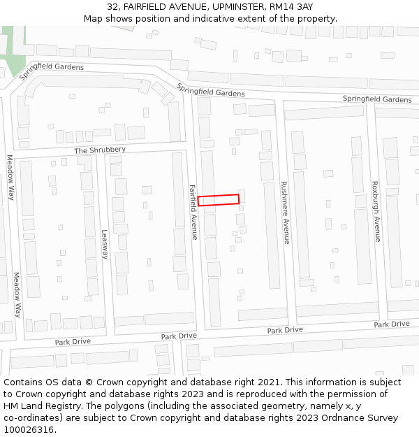 32, FAIRFIELD AVENUE, UPMINSTER, RM14 3AY: Location map and indicative extent of plot