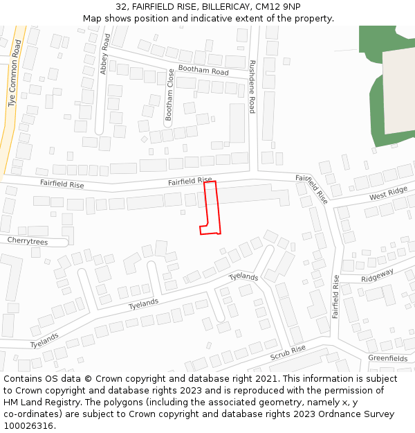 32, FAIRFIELD RISE, BILLERICAY, CM12 9NP: Location map and indicative extent of plot