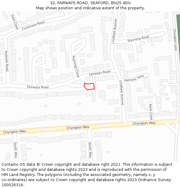 32, FAIRWAYS ROAD, SEAFORD, BN25 4EN: Location map and indicative extent of plot