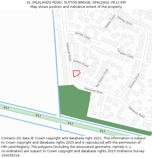 32, FALKLANDS ROAD, SUTTON BRIDGE, SPALDING, PE12 9XF: Location map and indicative extent of plot