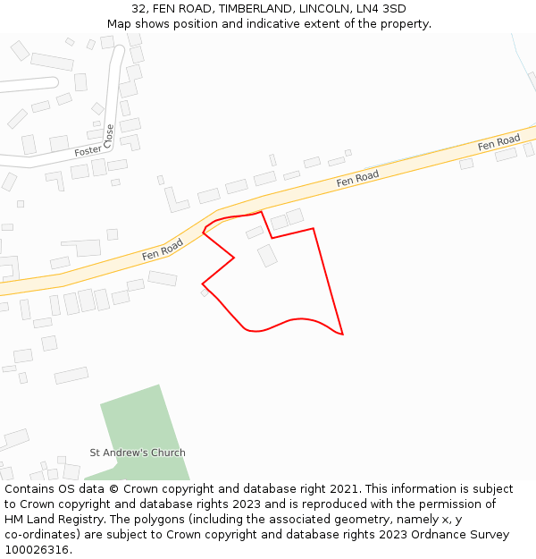 32, FEN ROAD, TIMBERLAND, LINCOLN, LN4 3SD: Location map and indicative extent of plot
