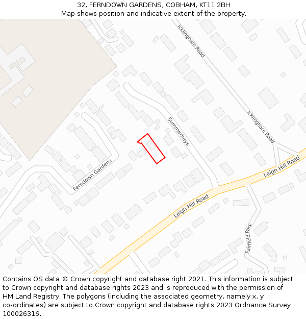 32, FERNDOWN GARDENS, COBHAM, KT11 2BH: Location map and indicative extent of plot