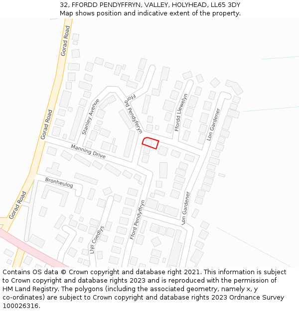 32, FFORDD PENDYFFRYN, VALLEY, HOLYHEAD, LL65 3DY: Location map and indicative extent of plot