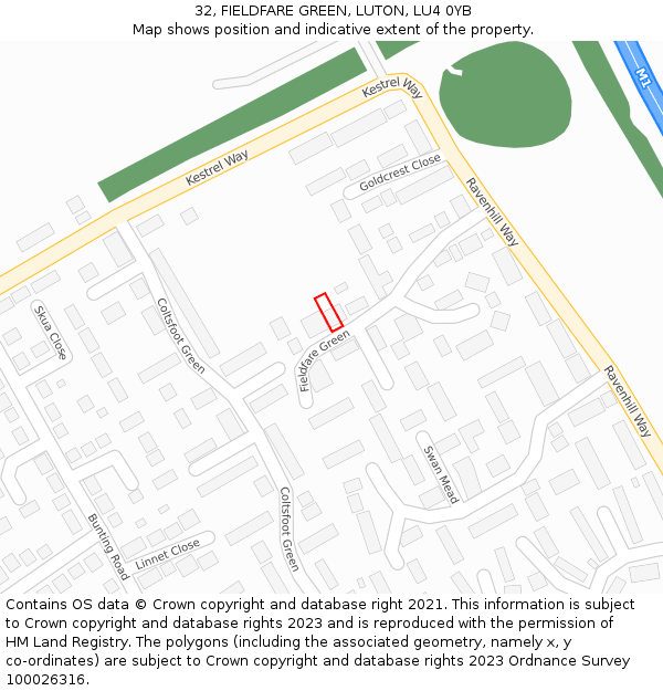 32, FIELDFARE GREEN, LUTON, LU4 0YB: Location map and indicative extent of plot