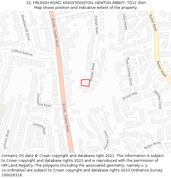 32, FIRLEIGH ROAD, KINGSTEIGNTON, NEWTON ABBOT, TQ12 3NH: Location map and indicative extent of plot