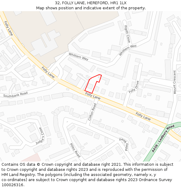 32, FOLLY LANE, HEREFORD, HR1 1LX: Location map and indicative extent of plot