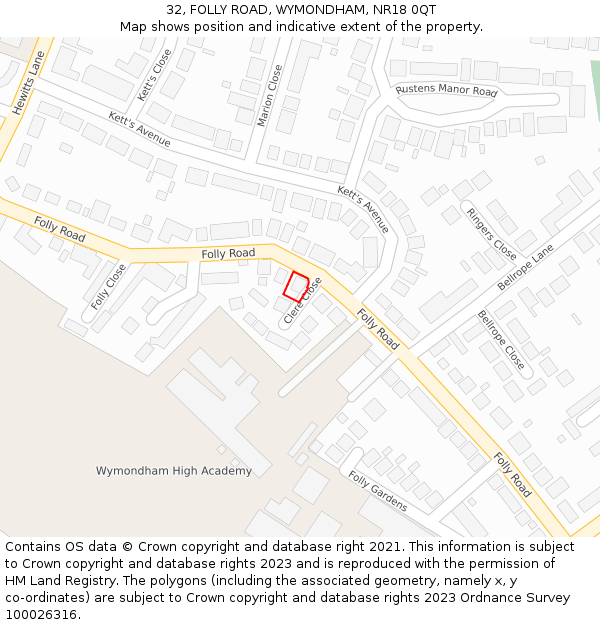 32, FOLLY ROAD, WYMONDHAM, NR18 0QT: Location map and indicative extent of plot