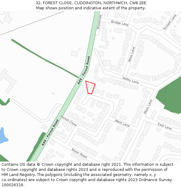 32, FOREST CLOSE, CUDDINGTON, NORTHWICH, CW8 2EE: Location map and indicative extent of plot