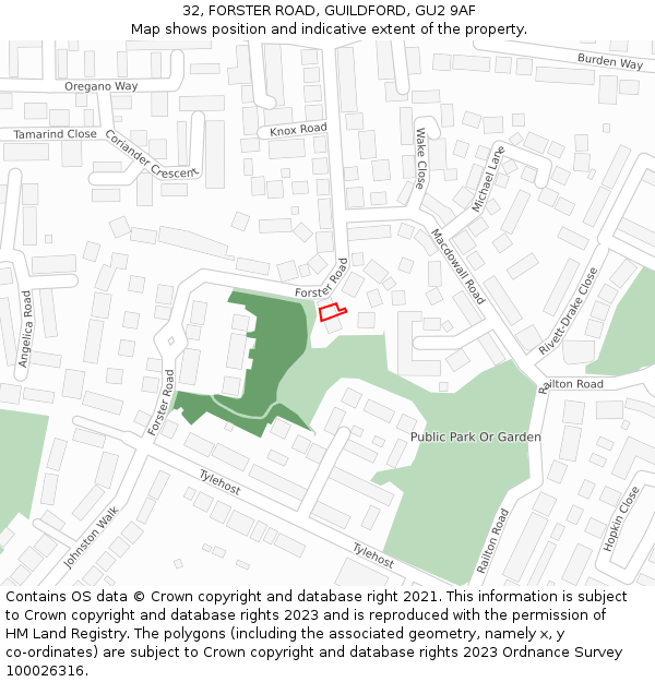 32, FORSTER ROAD, GUILDFORD, GU2 9AF: Location map and indicative extent of plot